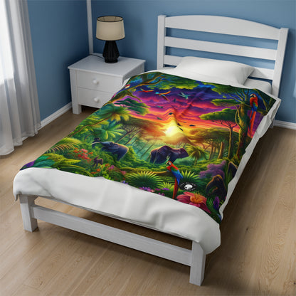 "Sundown in the Wild: A Rainbow Jungle Adventure" - The Alien Velveteen Plush Blanket