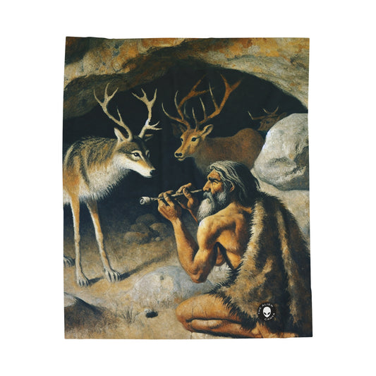 "Cazador y lobo: en busca de presas". - Pintura rupestre con manta de felpa de pana alienígena