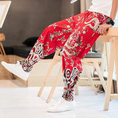 Bloomers de algodón y lino con estampado de dragón de viento de talla grande para hombre