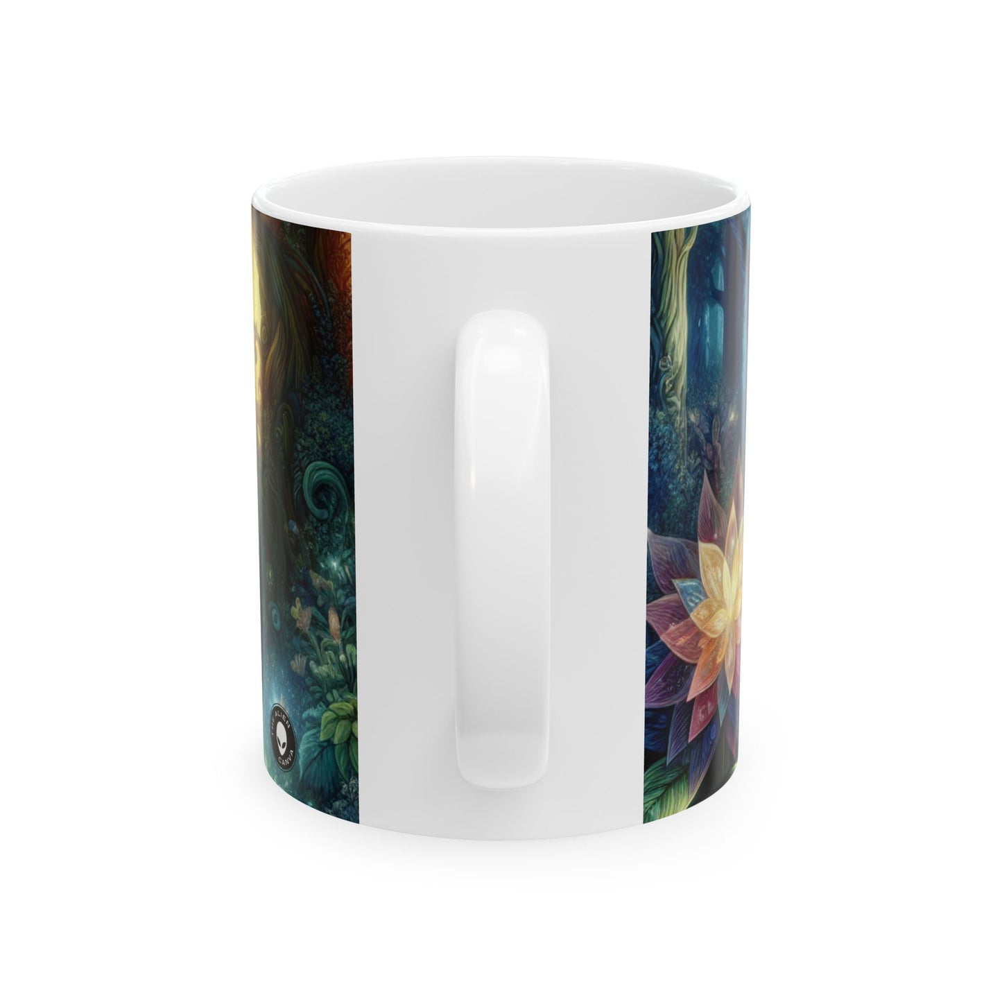 Bosque encantado: flores resplandecientes y seres místicos - Taza de cerámica alienígena de 11 oz