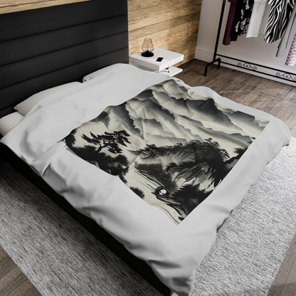 "Harmonious Ink: Capturing the Tranquility of a Zen Garden" - The Alien Velveteen Plush Blanket Ink Wash Painting