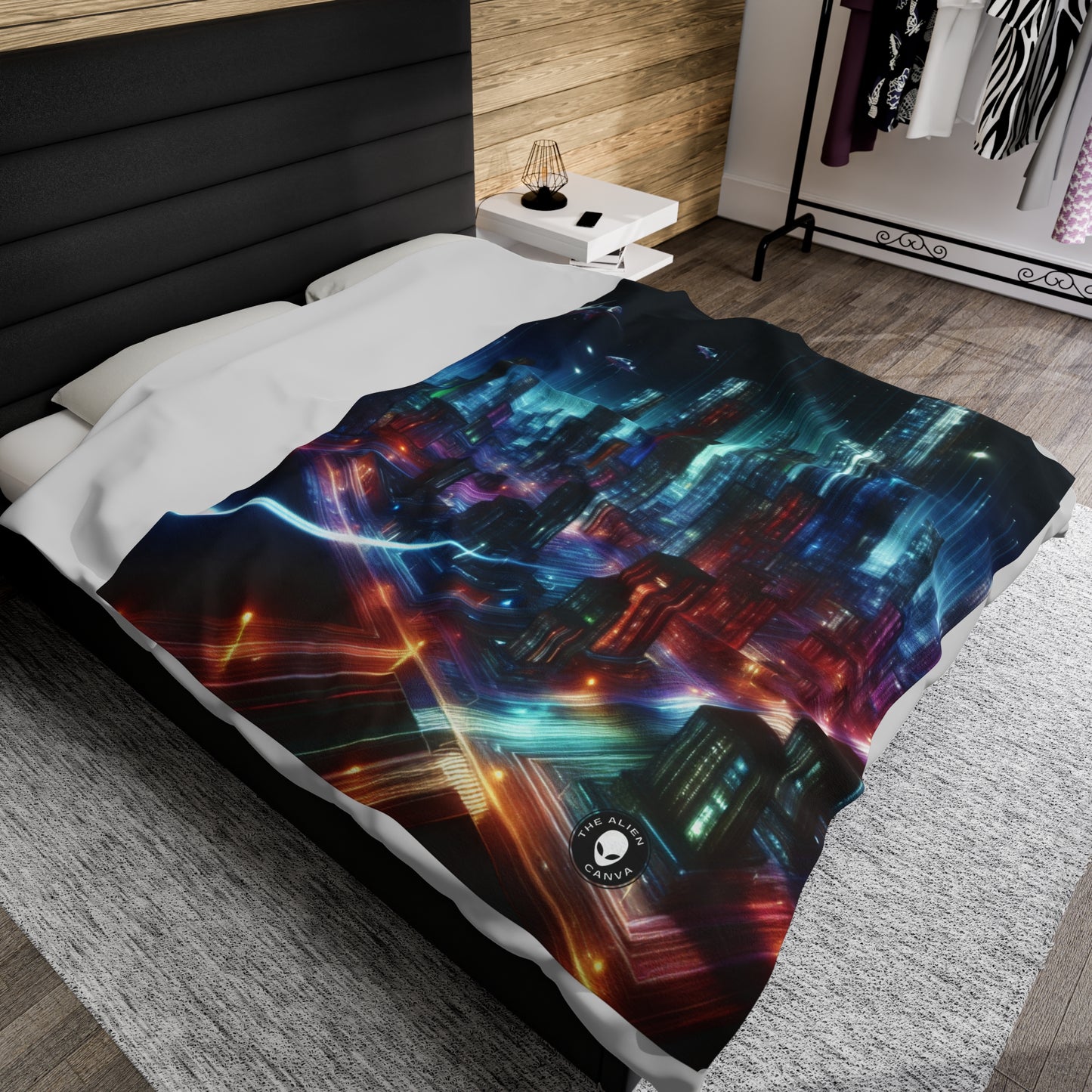 « Neon Skyline : un paysage urbain futuriste » - La couverture en peluche Alien Velveteen