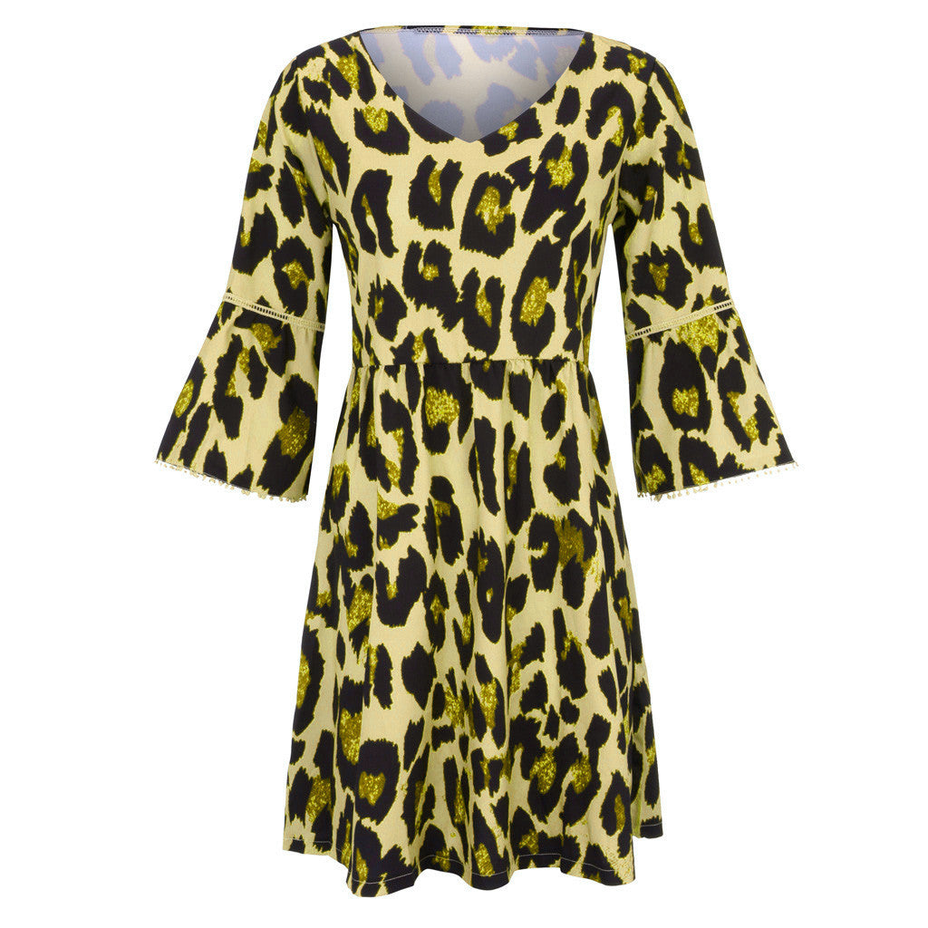 V-neck print leopard print dress