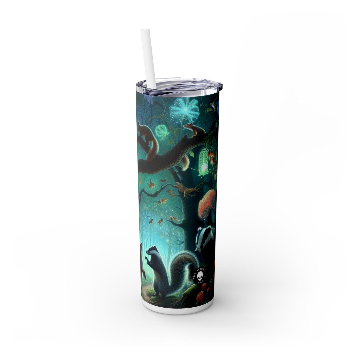 « Ménagerie mystique : créatures gambadant dans une forêt enchantée » - Verre fin avec paille The Alien Maars® 20 oz