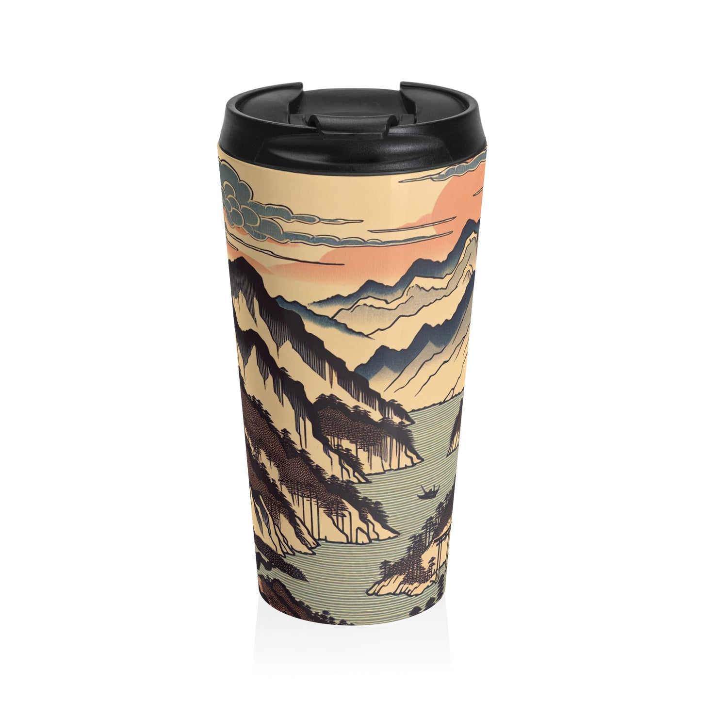 "Sérénité des fleurs de cerisier : un hommage Ukiyo-e captivant à la cérémonie du thé japonaise" - La tasse de voyage Alien en acier inoxydable Ukiyo-e (impression sur bois japonaise)