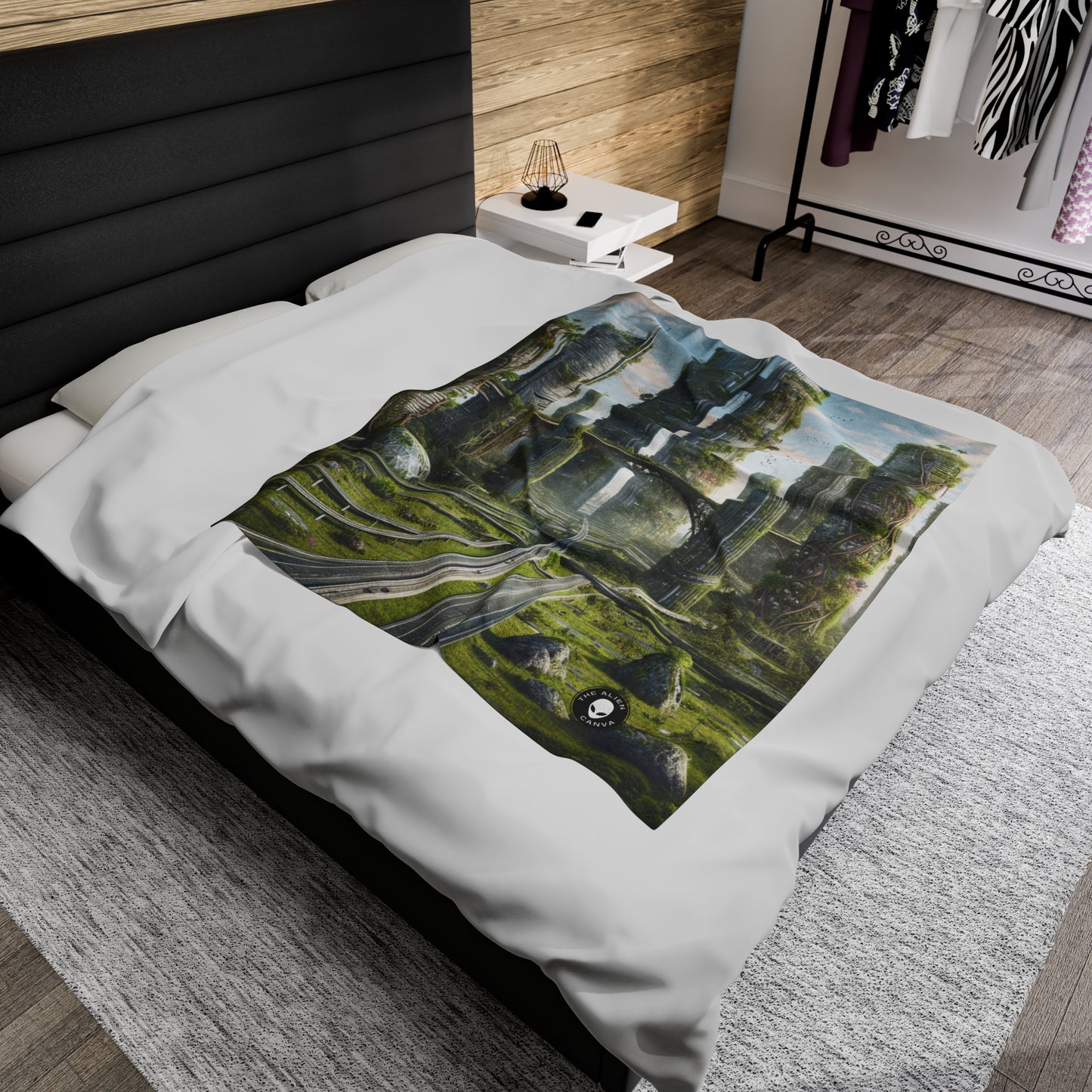 "Nature's Reclamation: A Futuristic Cityscape" - The Alien Velveteen Plush Blanket