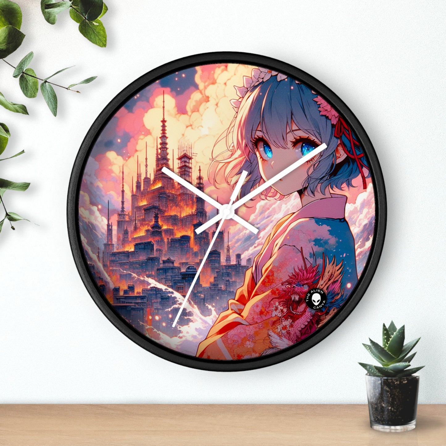 Título: "Swords ablaze: The Elemental Duel" - The Alien Wall Clock Manga/Anime Art