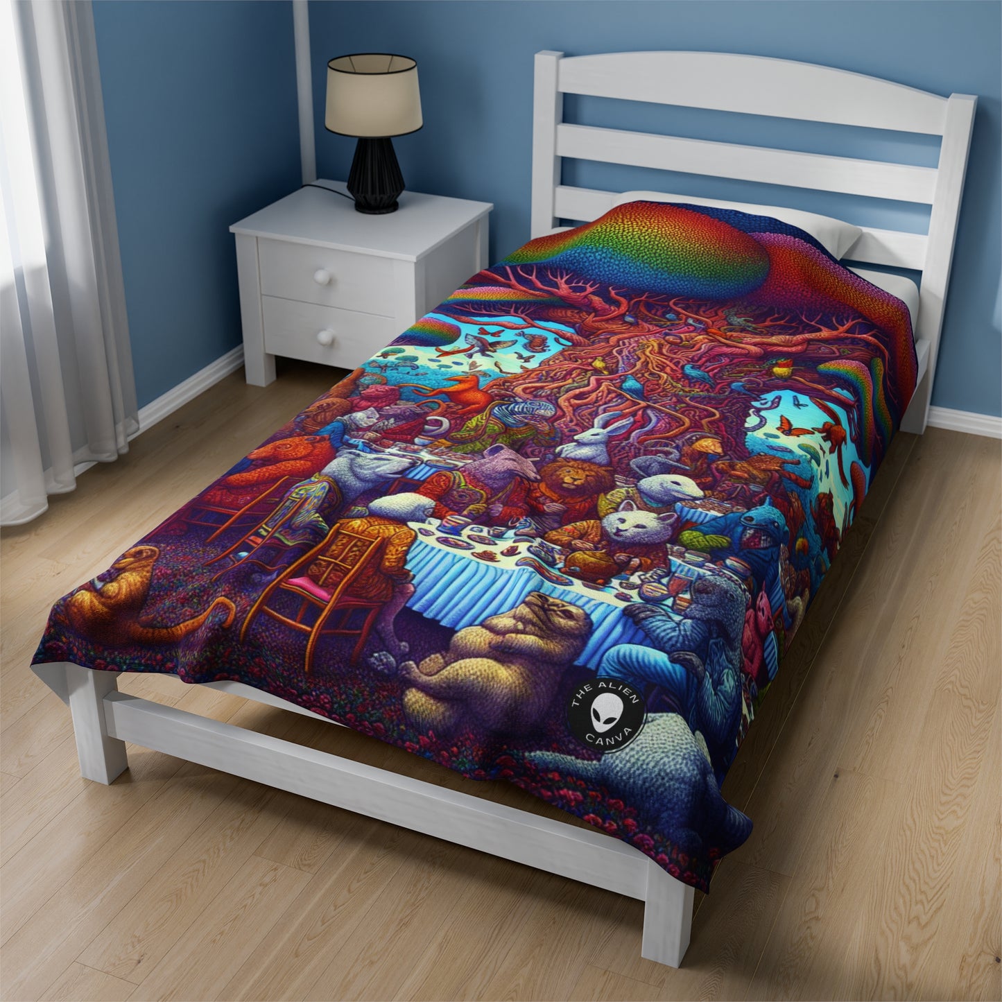 "Animal Tea Party in a Rainbow Wonderland" - The Alien Velveteen Plush Blanket