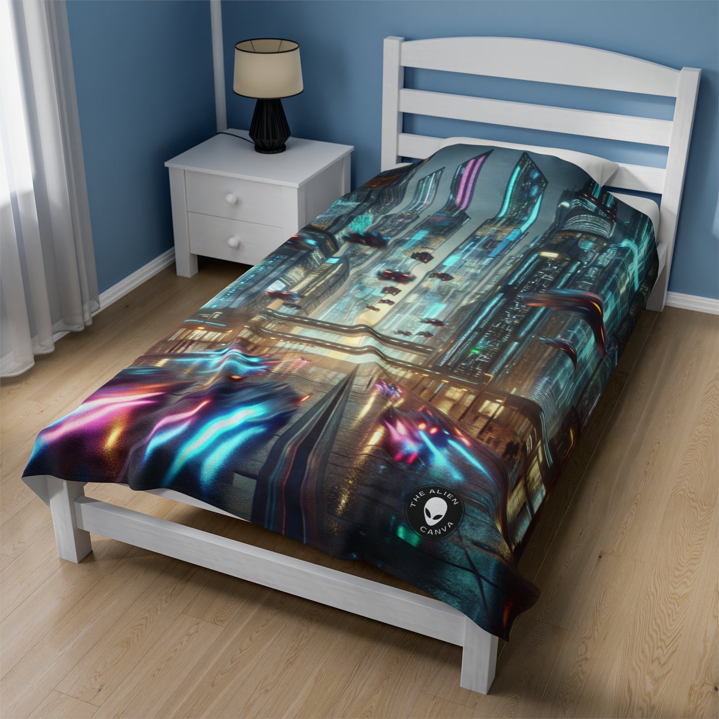 Neon Rain: A Futuristic Cityscape - The Alien Velveteen Plush Blanket