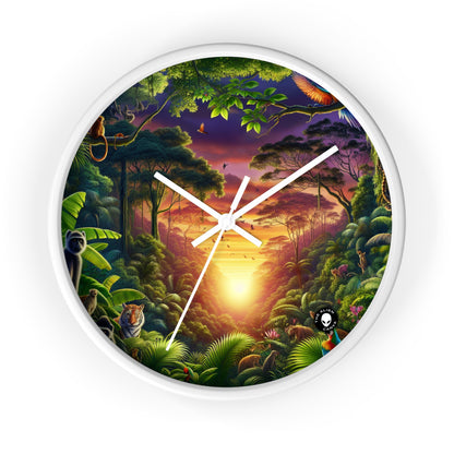 "Atardecer en la jungla: un encuentro salvaje" - El reloj de pared alienígena