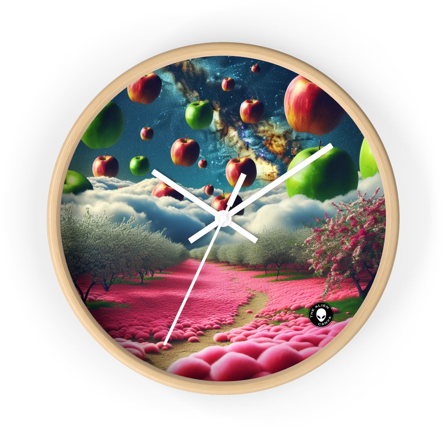 "Cielo de manzana y alfombra de flores rosas: un paisaje surrealista" - El reloj de pared alienígena