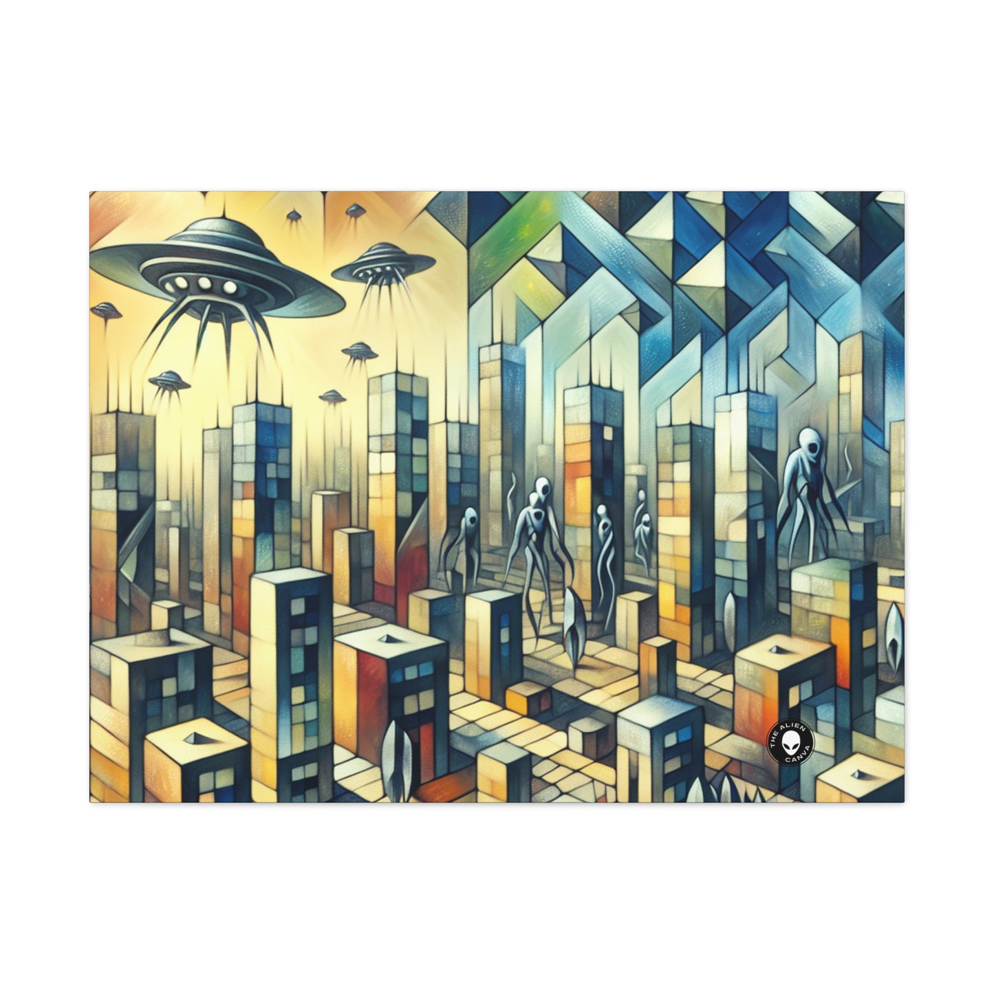 "Cubisme dans une ville futuriste envahie par des extraterrestres". - The Alien Canva Une ville futuriste envahie par des extraterrestres dans un style artistique cubiste