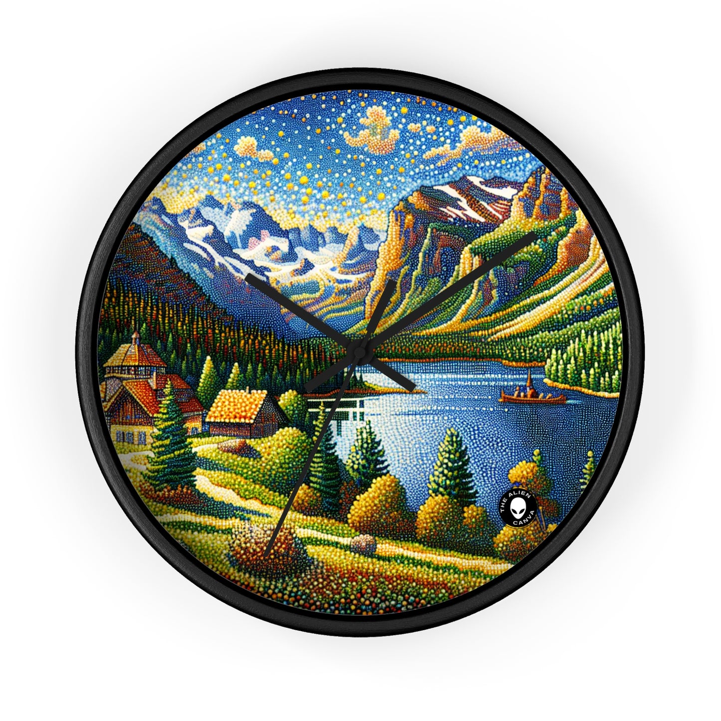 "Tranquil Sunset: A Pointillist Masterpiece of Serene Countryside" - The Alien Wall Clock Pointillism