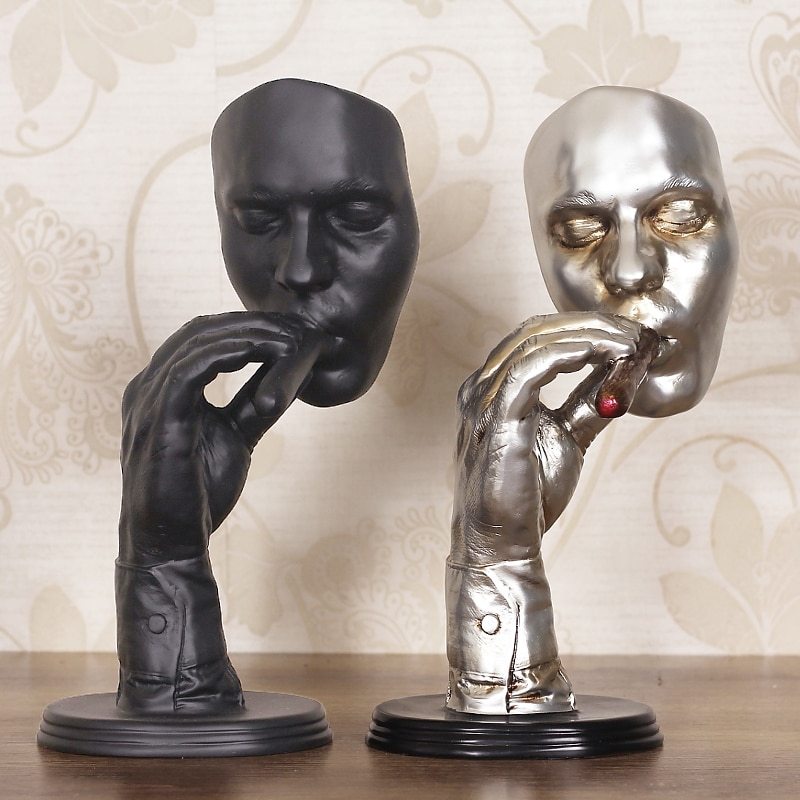 Retro Meditators Abstract Sculpture Man Smoking Cigar Creative Face Statue Character Resin Figurine Artwork Home Decorations