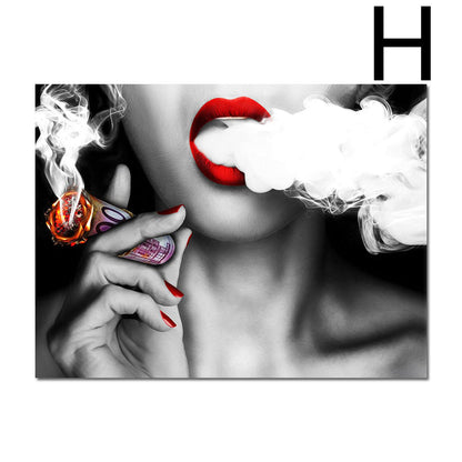 Wall Art Poster Red Lips Smoking Woman Clock Picture Canvas Painting