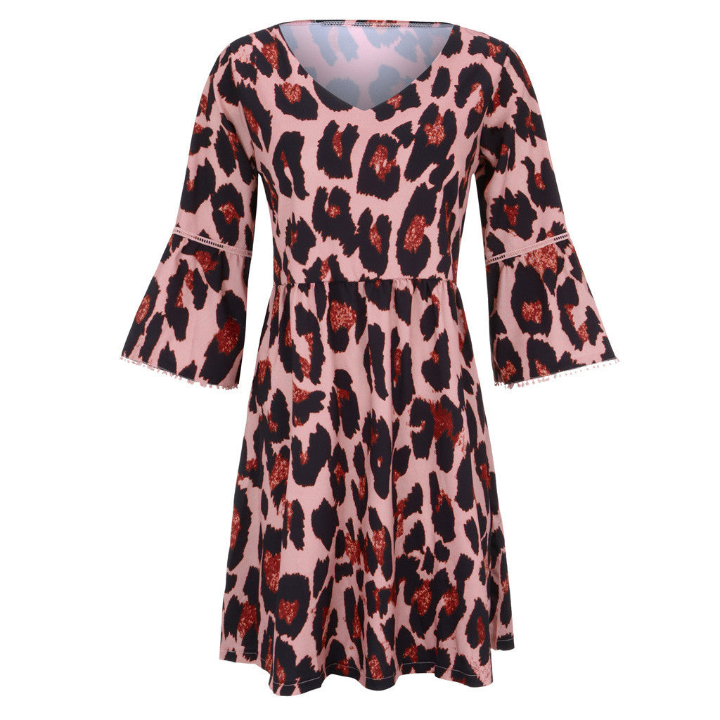 V-neck print leopard print dress