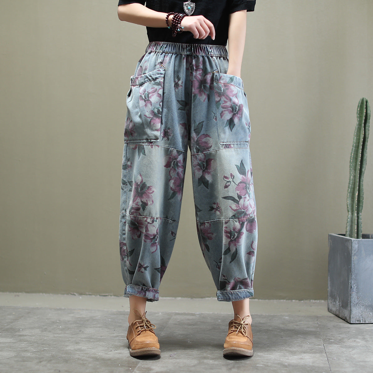 Loose all-match printed washed cotton jeans