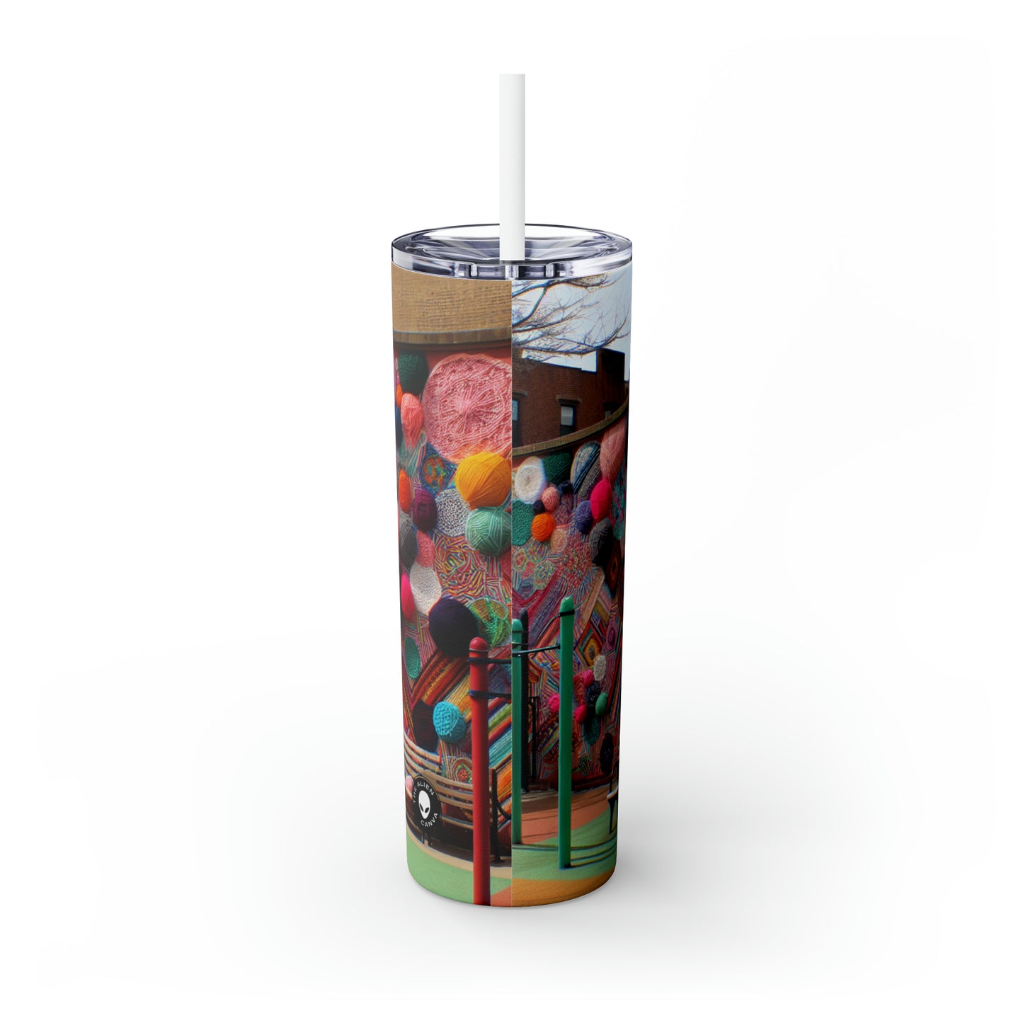 "Yarn of Joy: A Colorful Outdoor Mural" - The Alien Maars® Skinny Tumbler with Straw 20oz Yarn Bombing (Fiber Art)