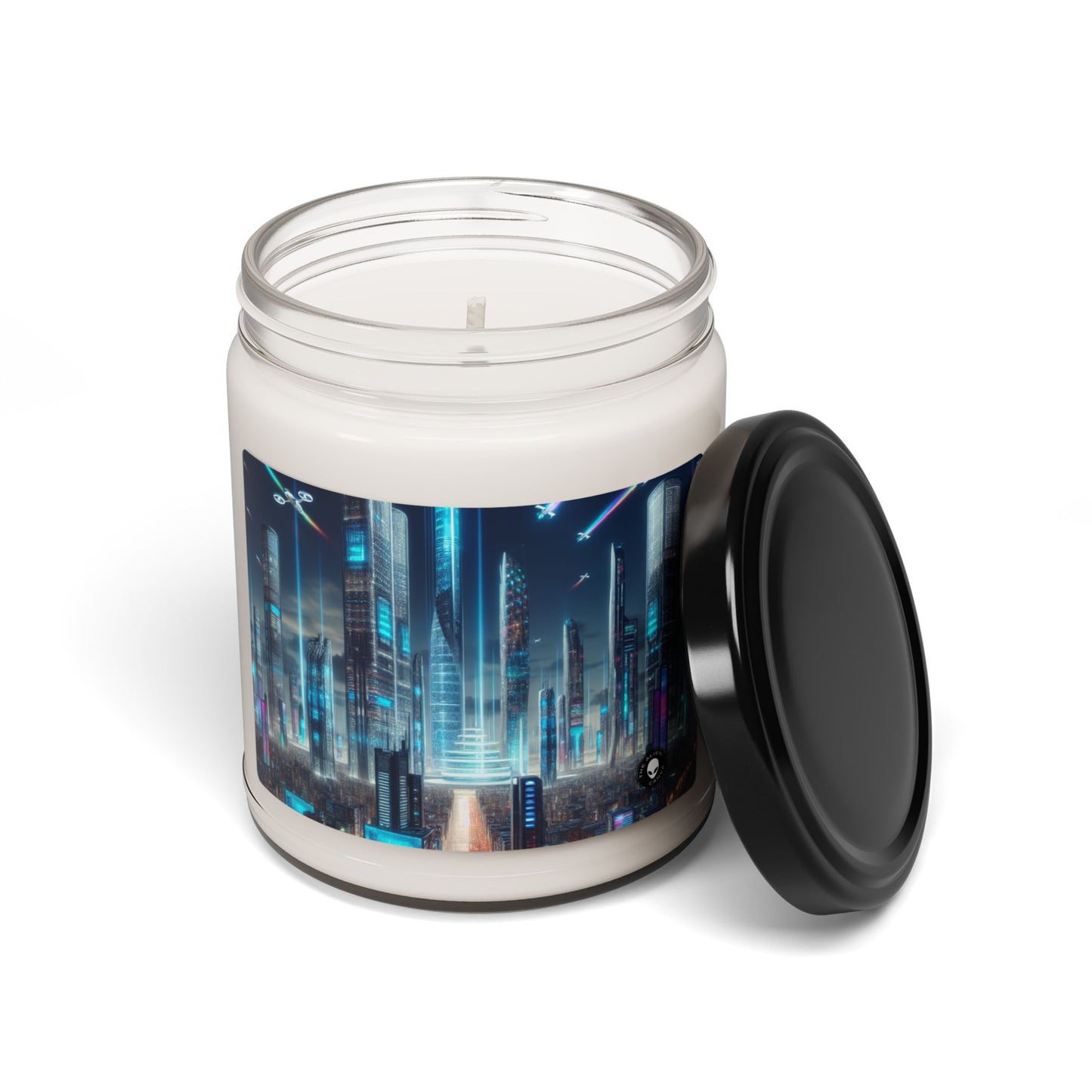 "Future Cityscape: A Skyline of Flying Cars and Neon Lights" - The Alien Scented Soy Candle 9oz