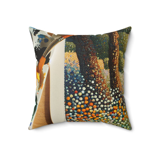 "Autumn Bliss: Pointillism Forest"- The Alien Spun Polyester Square Pillow Pointillism