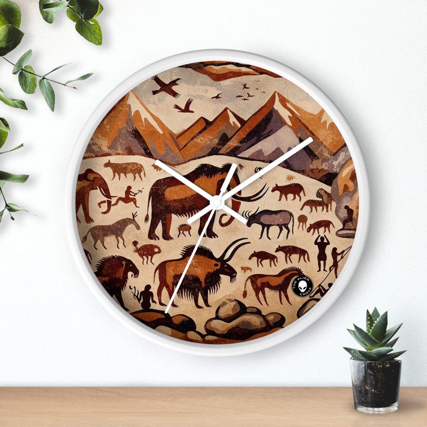 Title: "Ancient Encounter: The Battle of Giants" - The Alien Wall Clock Cave Painting