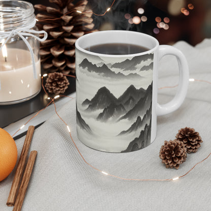 "Misty Peaks in the Fog" - Taza de cerámica alienígena, estilo de pintura con lavado de tinta de 11 oz