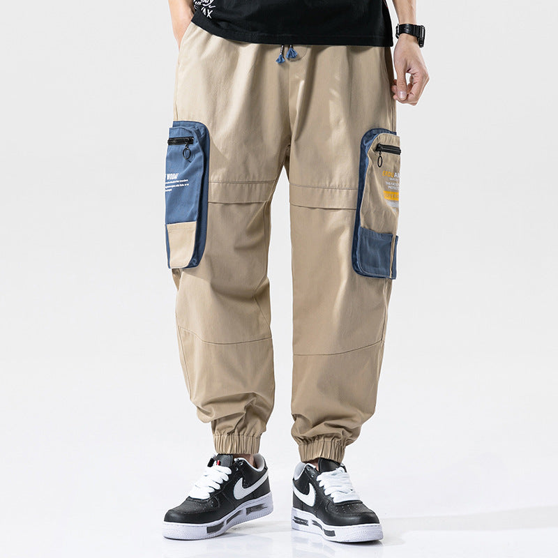 Loose Color-Blocked Printed Cargo Pants With Large Pockets