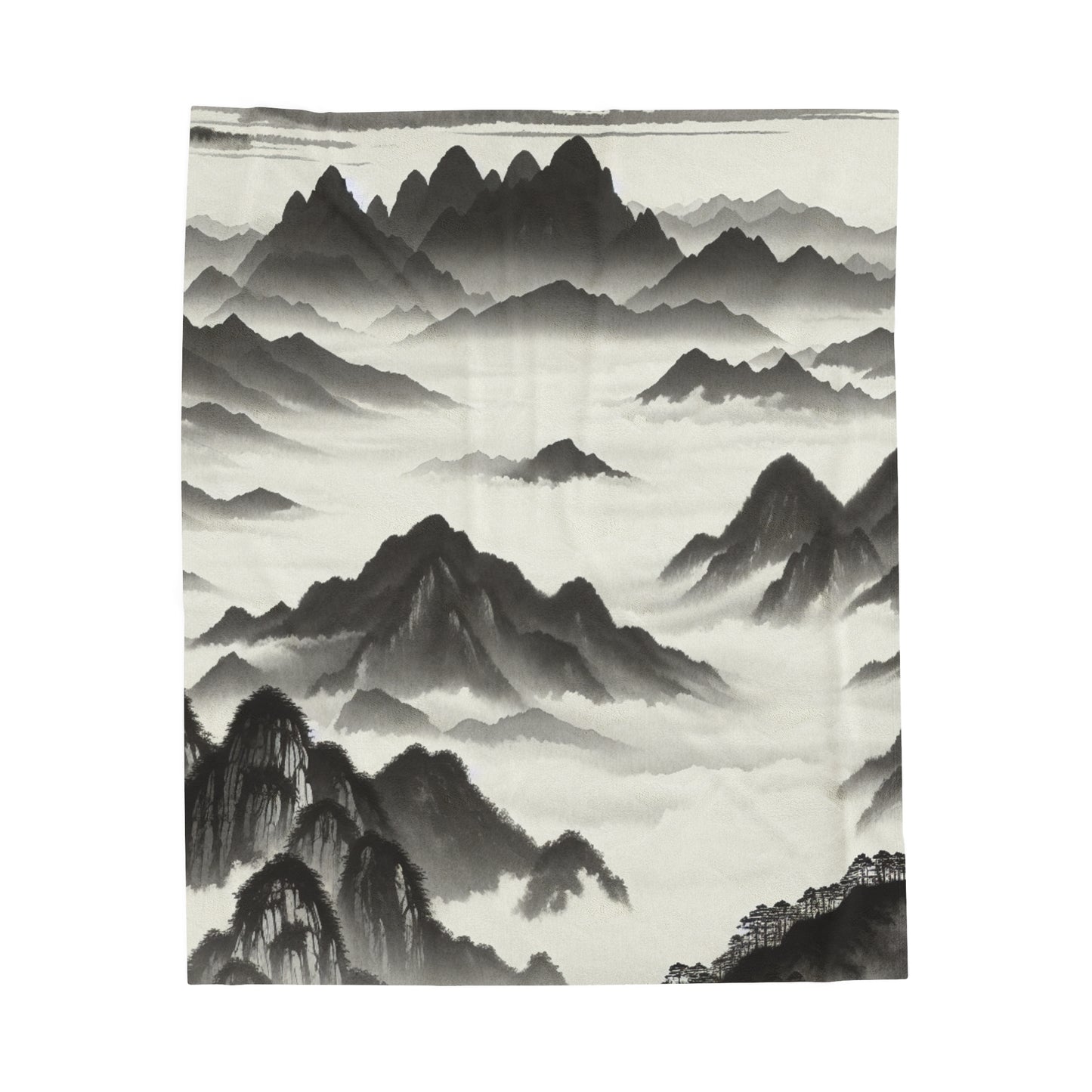 "Misty Peaks in the Fog" - The Alien Velveteen Couverture en peluche Style peinture à l'encre