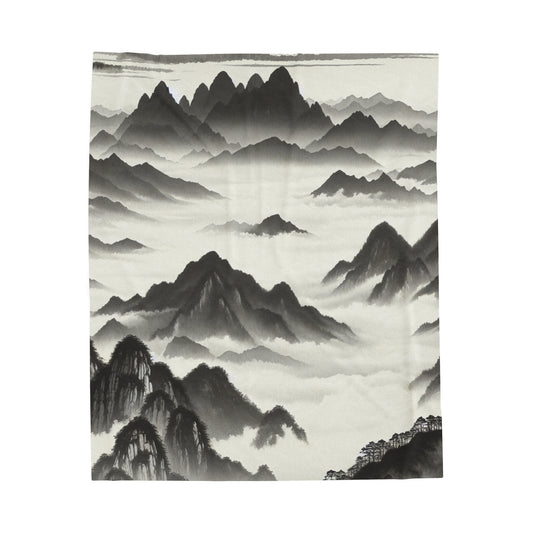"Misty Peaks in the Fog" - The Alien Velveteen Plush Blanket Ink Wash Painting Style