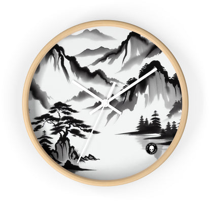 "Mountain Reflection: A Serene Zen Ink Painting" - The Alien Wall Clock Zen Ink Painting