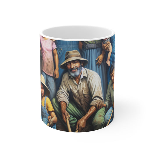 "Cosechando Esperanza: Una Familia Migrante en el Jardín" - Taza de Cerámica The Alien 11oz Estilo Realismo Social