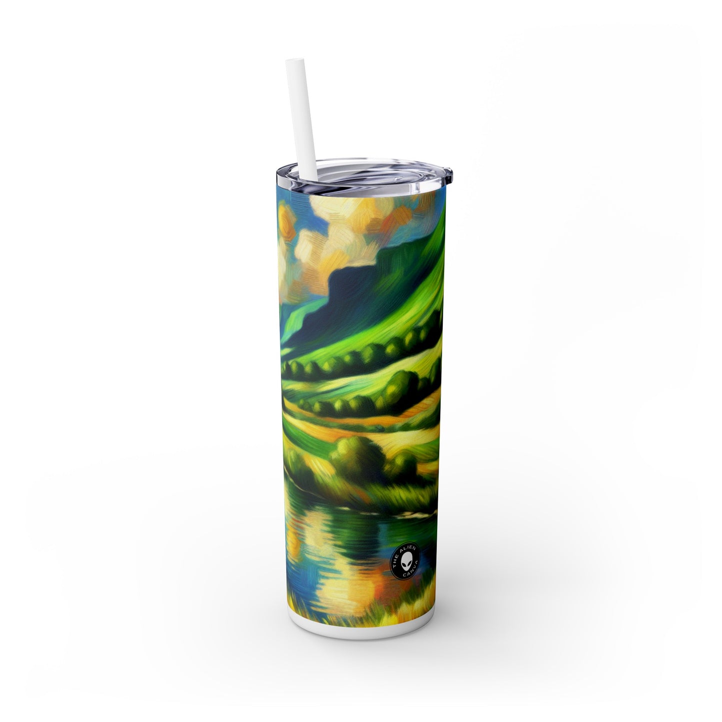 "Serenity at Sunset: An Impressionistic Meadow" - The Alien Maars® Skinny Tumbler with Straw 20oz Impressionism