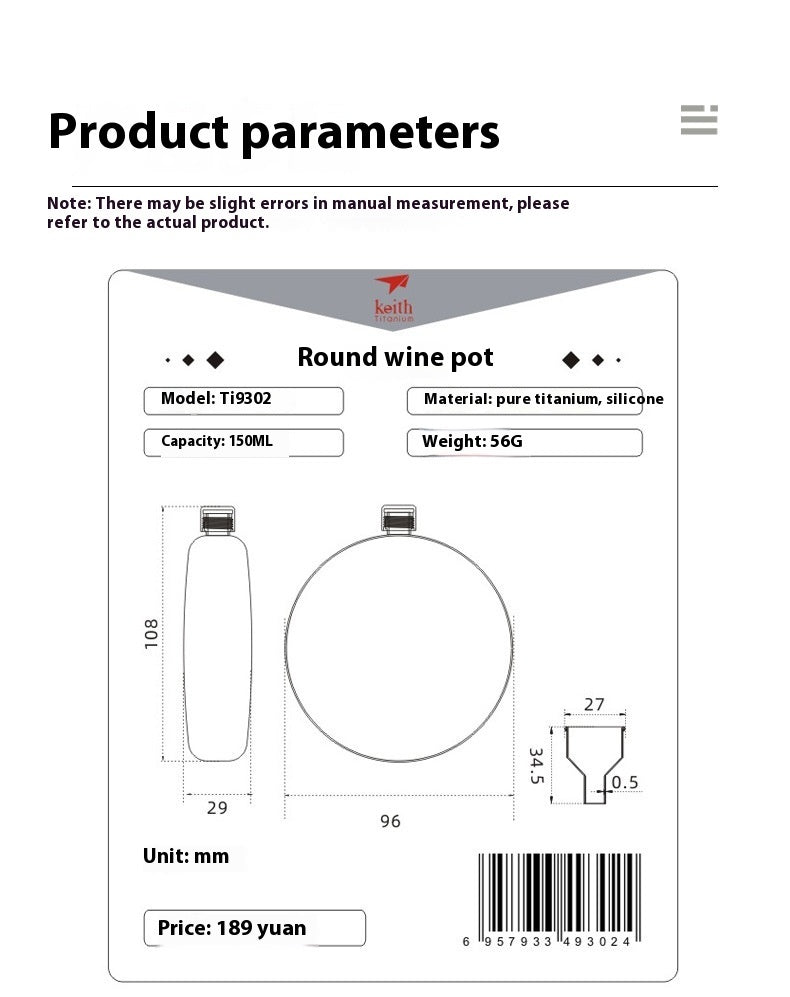 Pure Titanium Square Wine Pot Outdoor Carry Portable With Titanium Funnel Ultralight