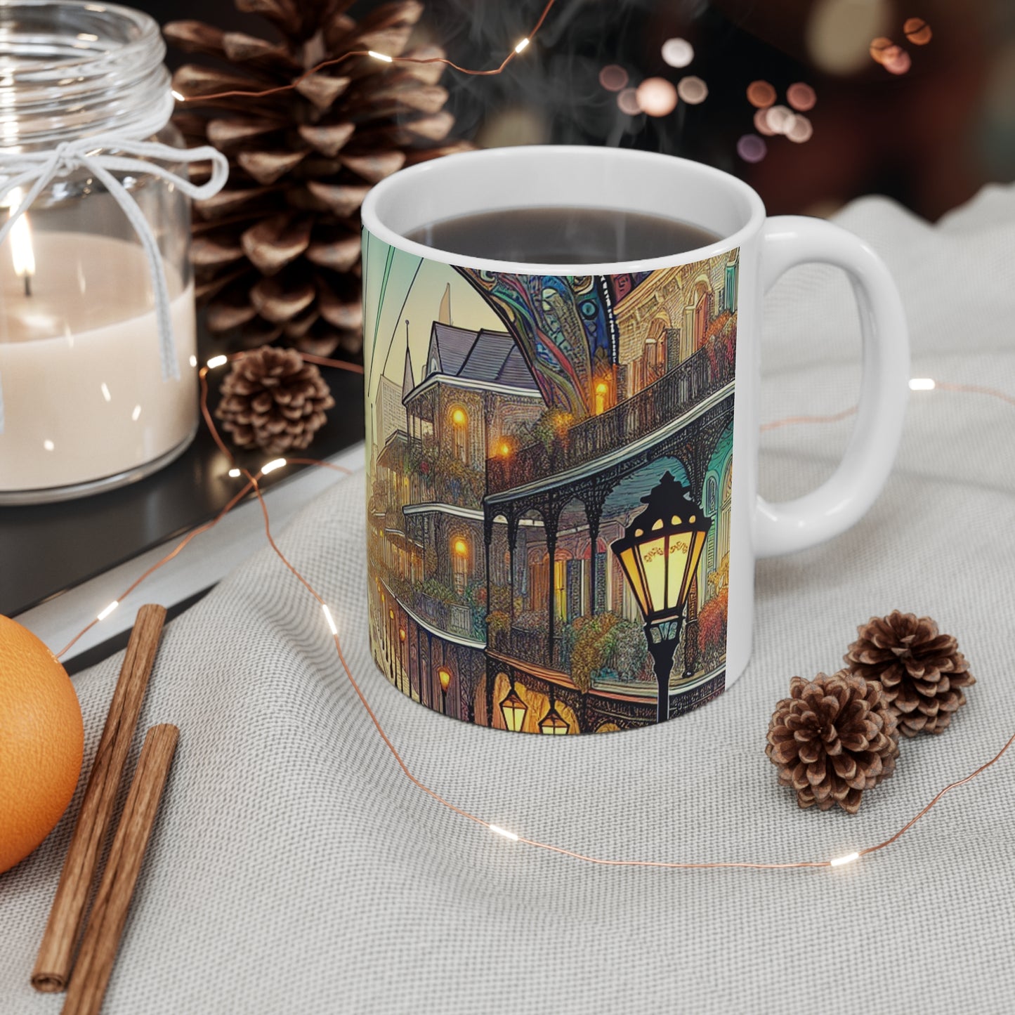 "Vivid Splendor: Una imagen del barrio francés de Nueva Orleans" - Taza de cerámica The Alien de 11 oz estilo Art Nouveau