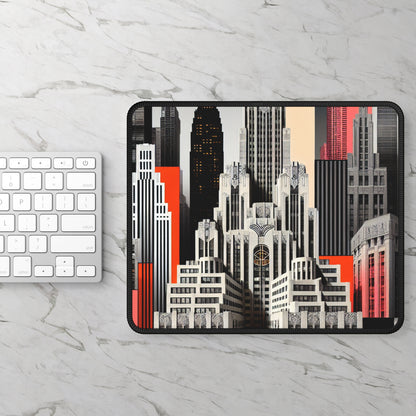 "Un contraste de tiempos: rascacielos Art Déco clásicos y un paisaje urbano moderno" - The Alien Gaming Mouse Pad estilo Art Déco