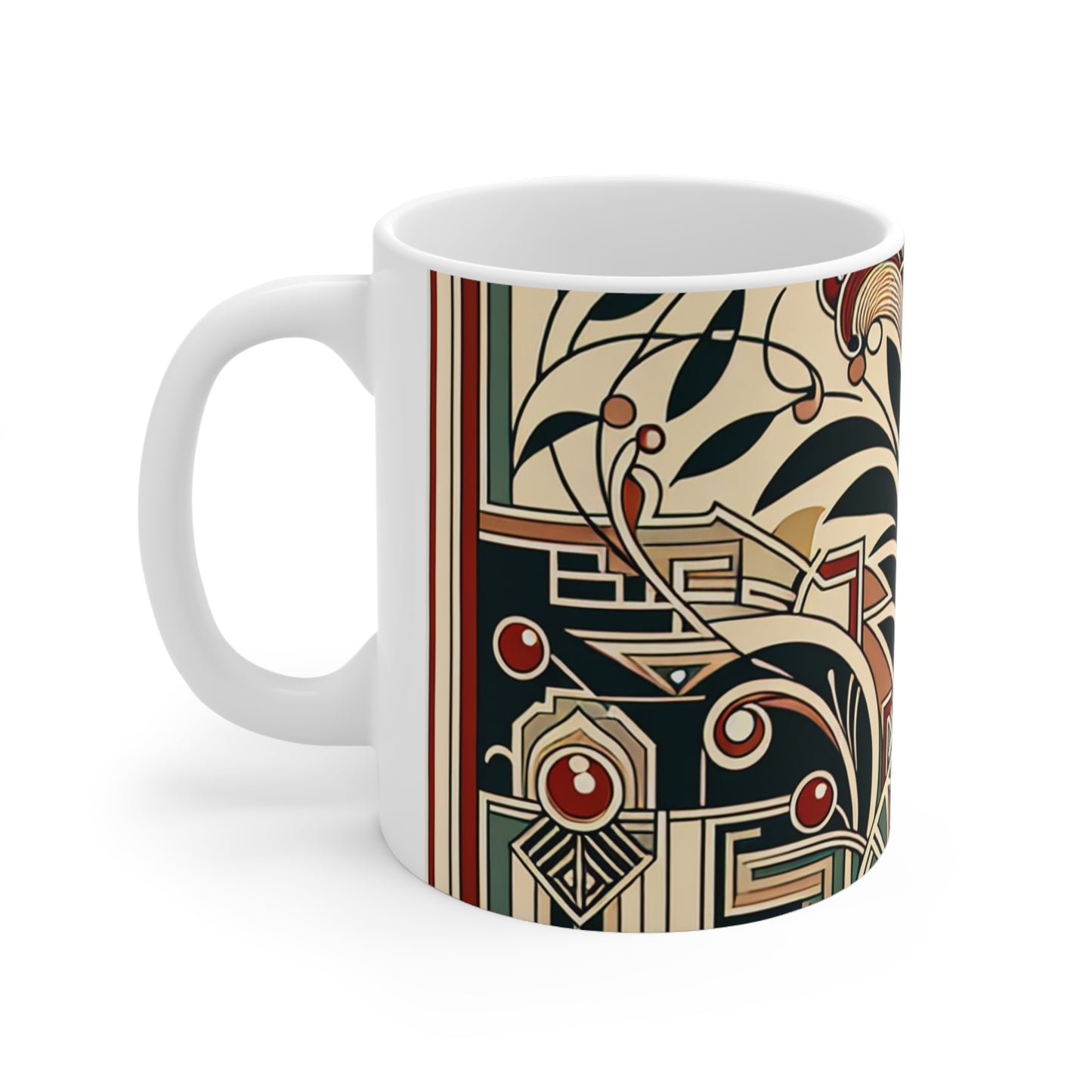 "Golden Glamour: Un dinámico paisaje urbano Art Déco al atardecer" - Taza de cerámica The Alien 11oz Art Deco