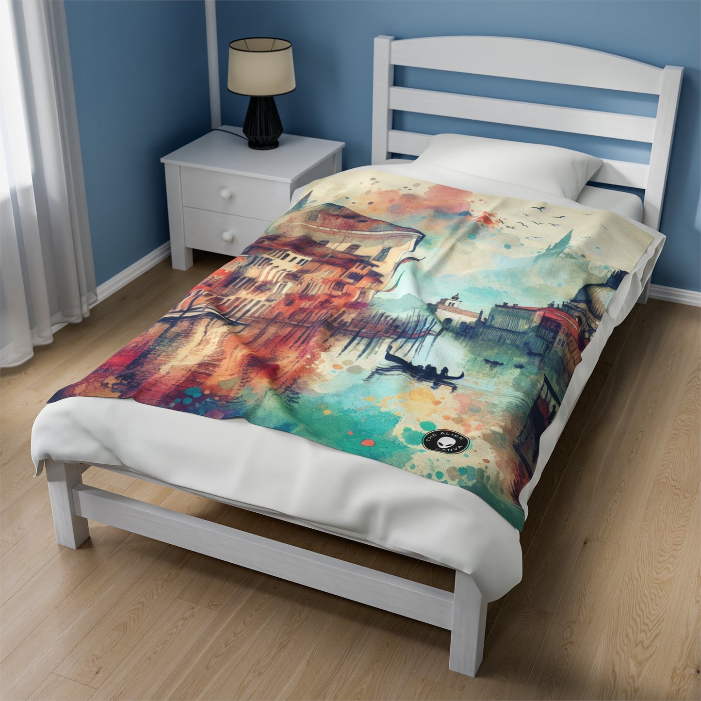 Tranquil Coast: A Serene Watercolor Sunset Painting - The Alien Velveteen Plush Blanket Watercolor Painting