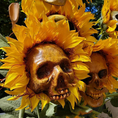 Decoración de Halloween con forma de calavera y girasol, simulación de ambiente de jardín, adorno de flores para decoración del jardín del hogar