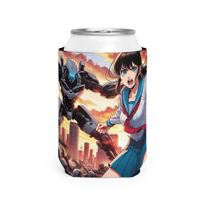 "Girl in Uniform Saves City from Invaders." - The Alien Can Cooler Sleeve Manga/Anime Art