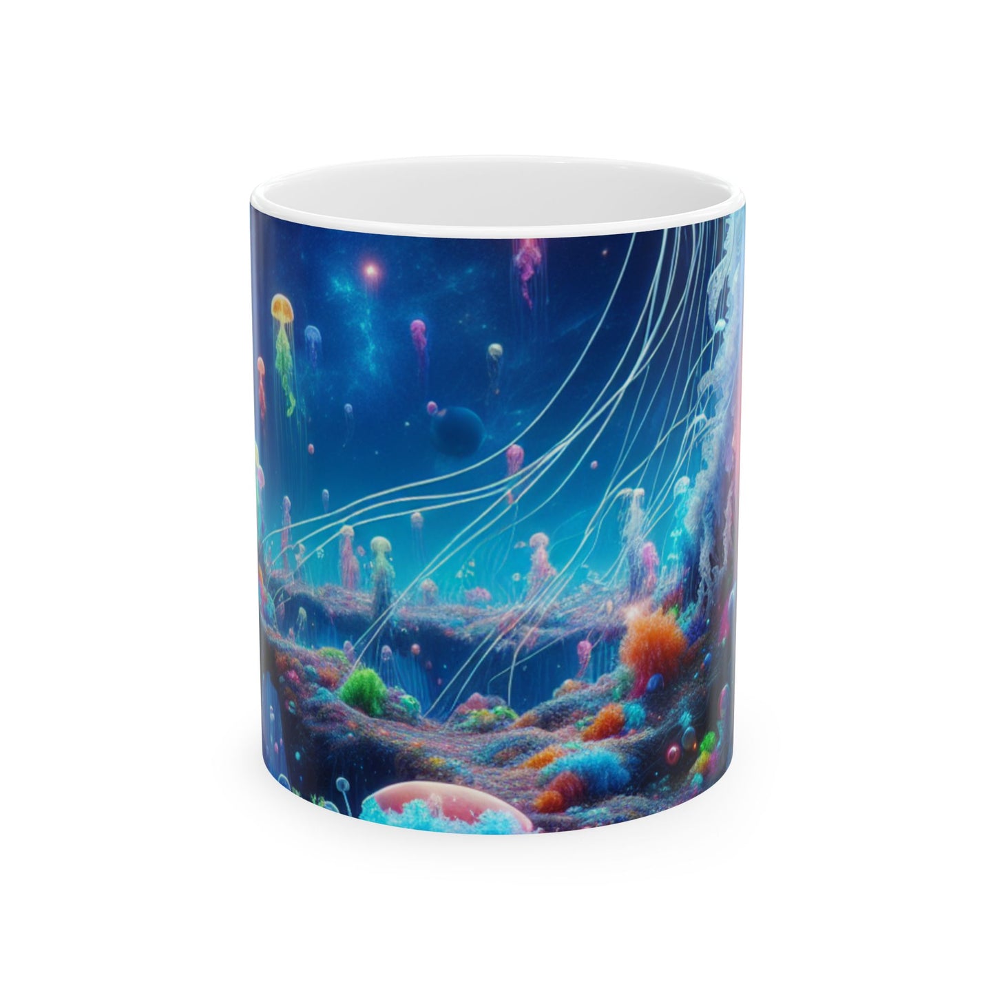 "Neon Jellyfish Fantasia : Une odyssée sous-marine surréaliste" - Tasse en céramique Alien 11 oz