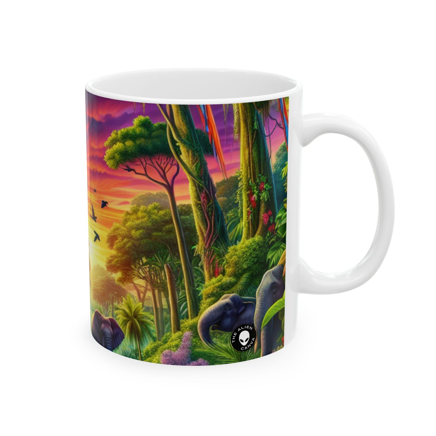 « Coucher de soleil dans la nature : une aventure dans la jungle arc-en-ciel » – Tasse en céramique Alien 11 oz