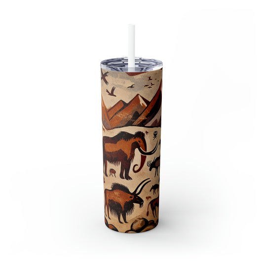 Title: "Ancient Encounter: The Battle of Giants" - The Alien Maars® Skinny Tumbler with Straw 20oz Cave Painting