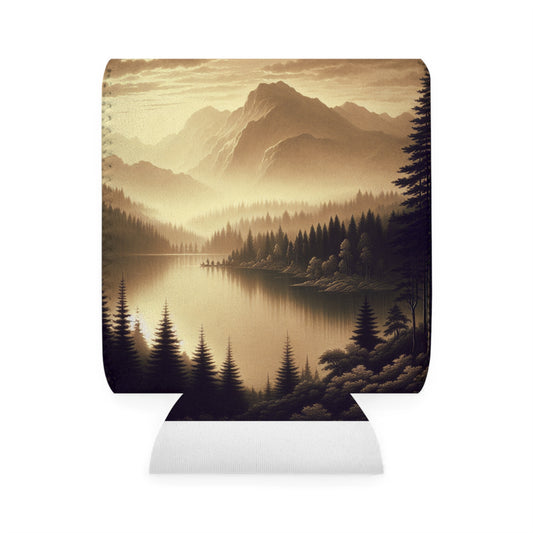 "Dawn at the Lake: A Foggy Mountain Morning" - The Alien Can Cooler Sleeve Tonalism Style