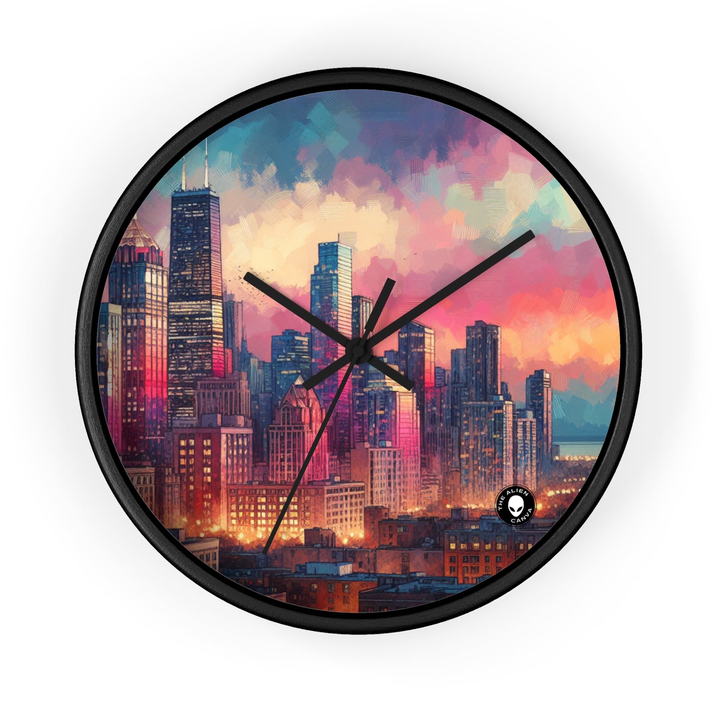 "Dusky Reflections: City Skyline at Sunset" - The Alien Wall Clock