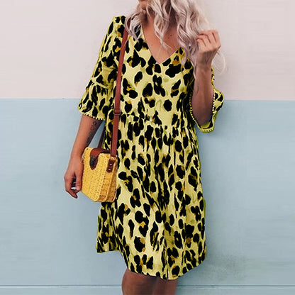 V-neck print leopard print dress