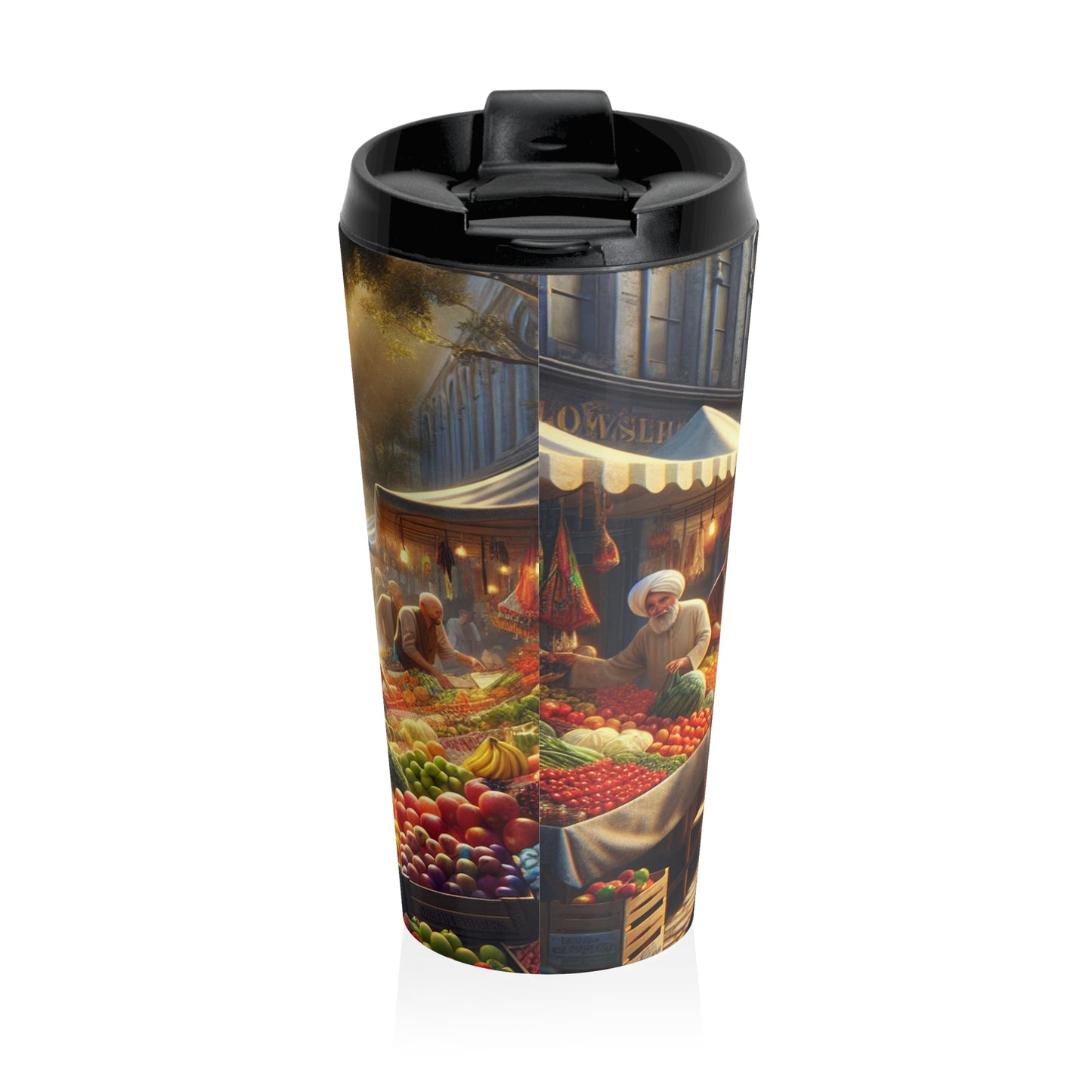 "Sunny Vibes at the Outdoor Market" - The Alien Stainless Steel Travel Mug Realism Style