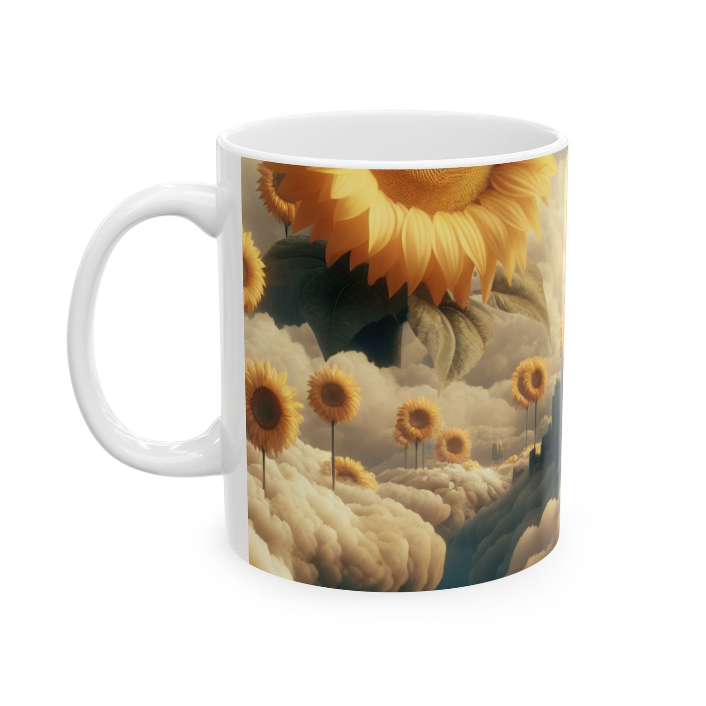 "Cielo Etéreo: La Ciudad de las Nubes y los Girasoles" - Taza de Cerámica Extraterrestre 11oz