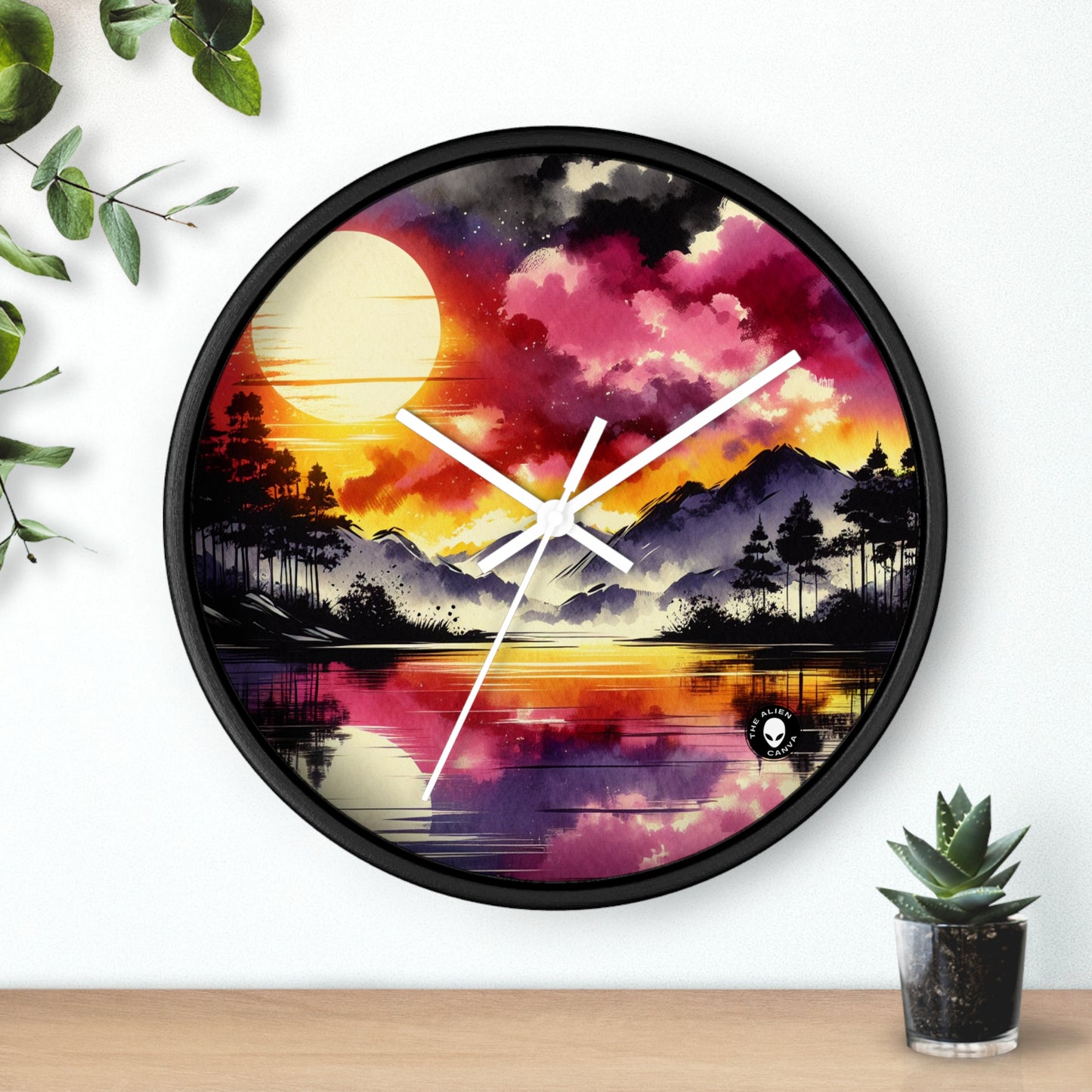 "Une symphonie pastel au coucher du soleil" - La peinture à l'encre de l'horloge murale Alien