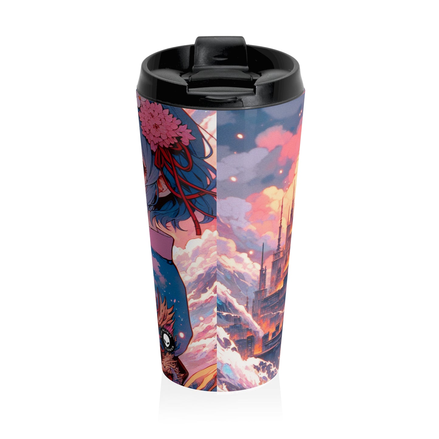 Title: "Swords ablaze: The Elemental Duel" - The Alien Stainless Steel Travel Mug Manga/Anime Art