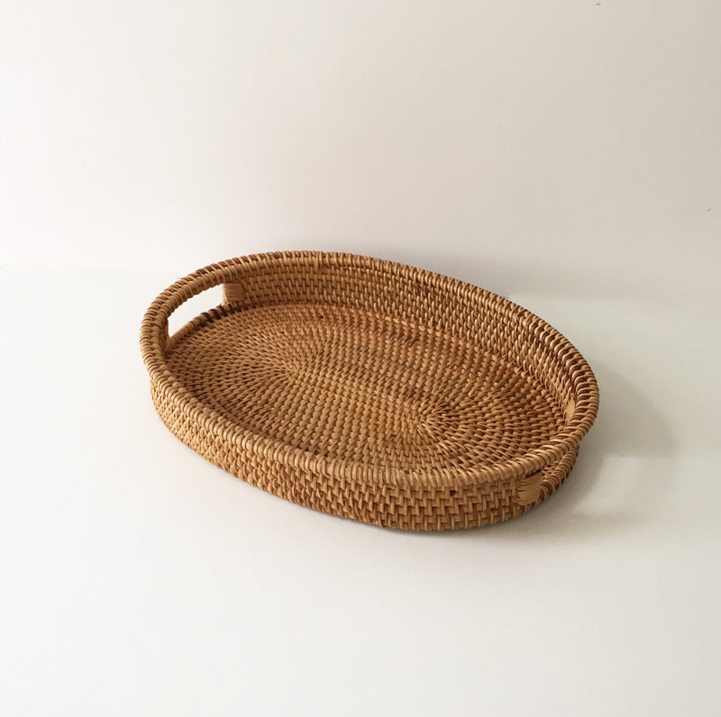 Rattan Snack Storage Tray Round Basket Hand Woven Decor Bread Fruit Food Display R9JC